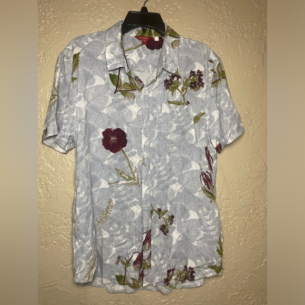 Guess Brand Men's Button-up Shirt, Grey and Flowers, Large